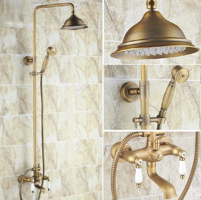 

Antique Retro Brass Bathroom Faucet Set 8" Rainfall/Handheld Shower Faucets Kit Bathtub Hot And Cold Shower Water Taps Drs143