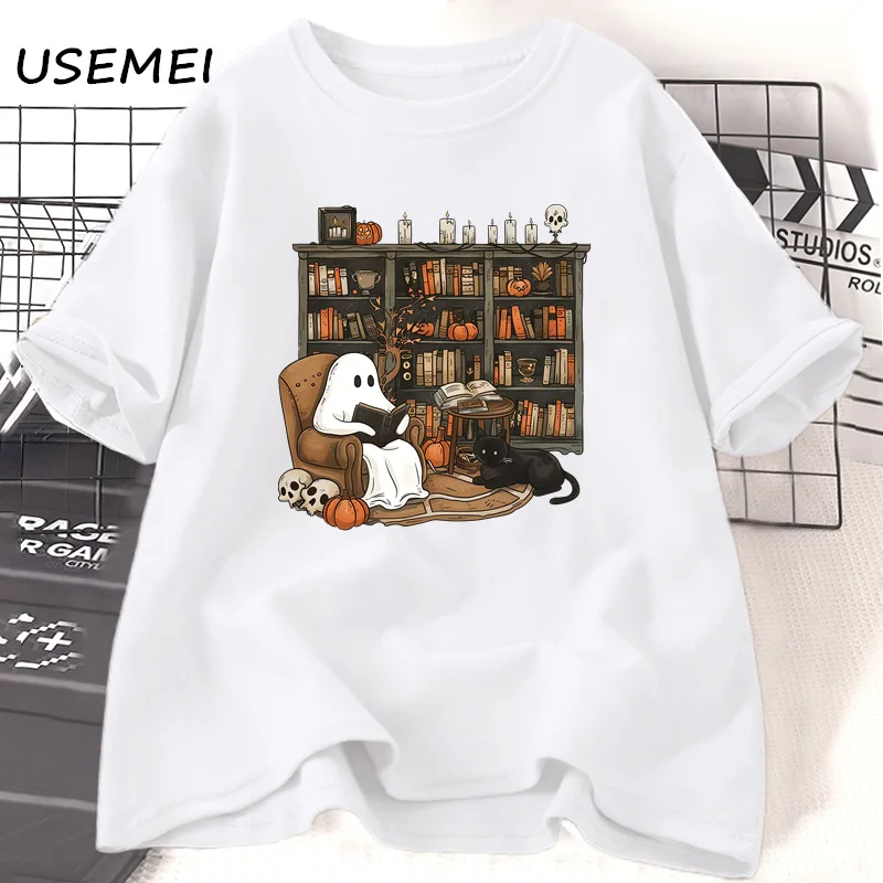 Retro Ghost Reading Books Librarian T-shirt Halloween Teacher Tshirt Women Cotton Boo School T Shirt Streetwear Women's Clothing 2