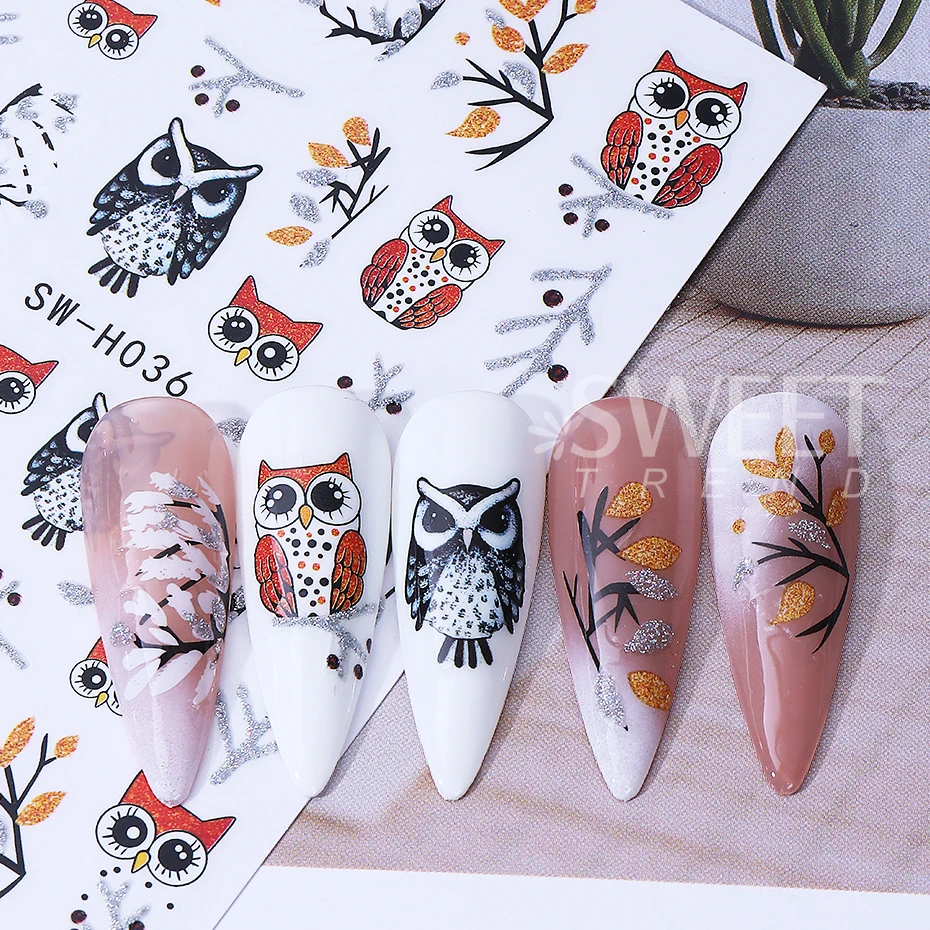 2pcs Owl Design Nails Stickers Silver Glitter Leaves Line Owl 3D Self-Adhesive Nail Decals DIY Autumn Winter Manicure Decoration