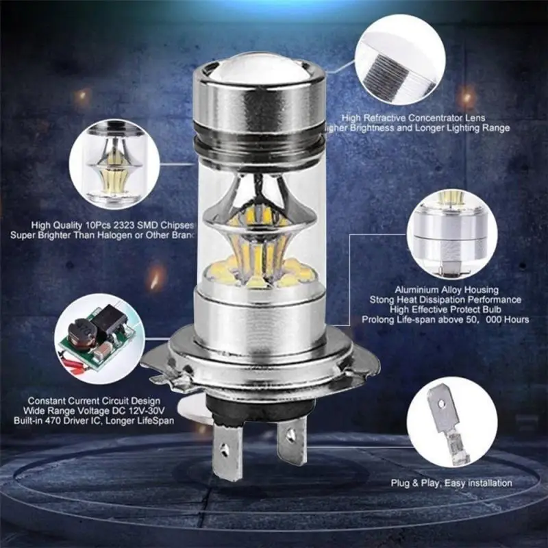 2Pcs 슈퍼 밝은 Led 100W H4 H7 자동차 주간 러닝 운전 안개등 램프 6000K 자동 운전 헤드 라이트 높은 낮은 빔 전구