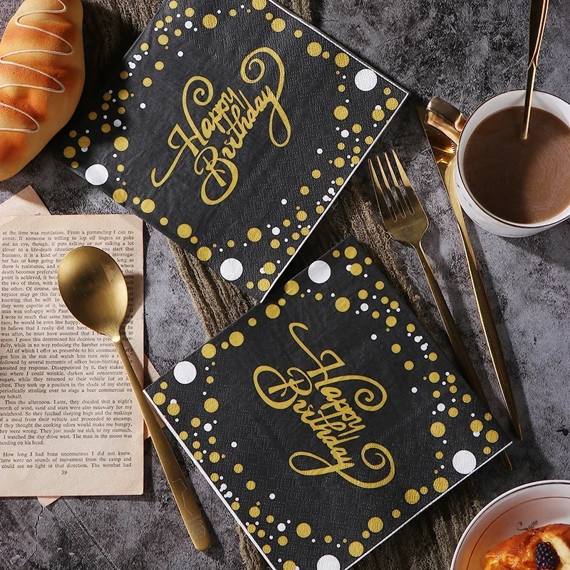 20pcs/Pac 33cm New Black and Gold Birthday Printing Paper Napkins Party Colorful Letter Happy Birthday Pure Wood Pulp Paper paper napkins