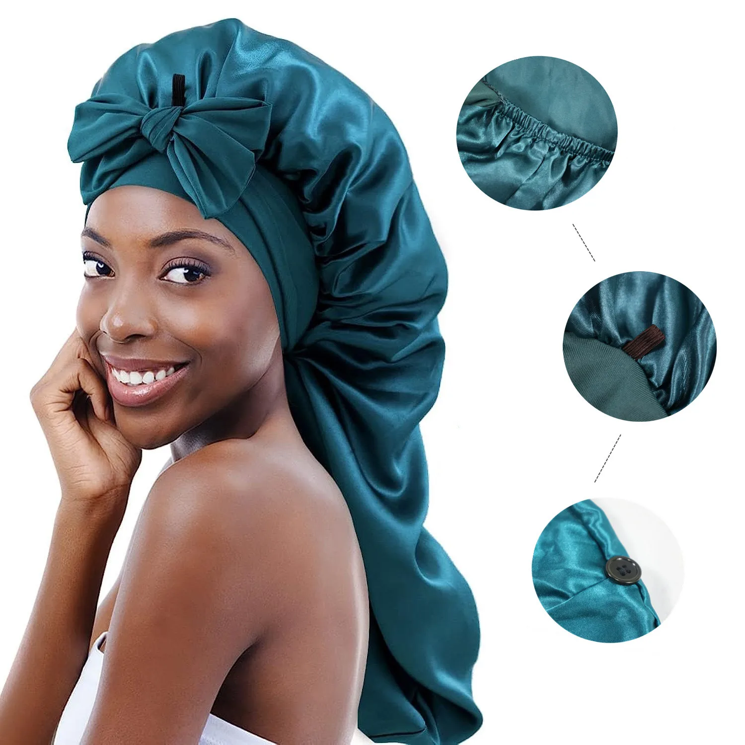 New Women Long Satin Bonnet Sleep Cap Silky Sleeping Cap with Wide Elastic Band Hair Care Curly Hair Natural Hair 3
