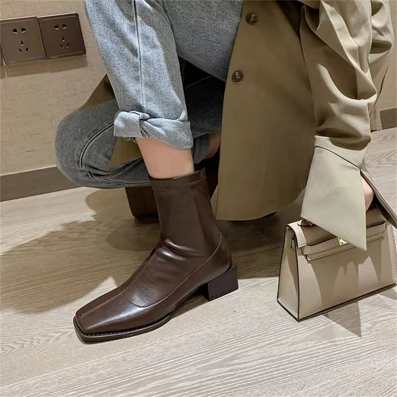 Thick Heel Mid Barrel Short Boots for Women 2023 New Leather Boots Square Head Mid Heel Spring and Autumn Single Boots
