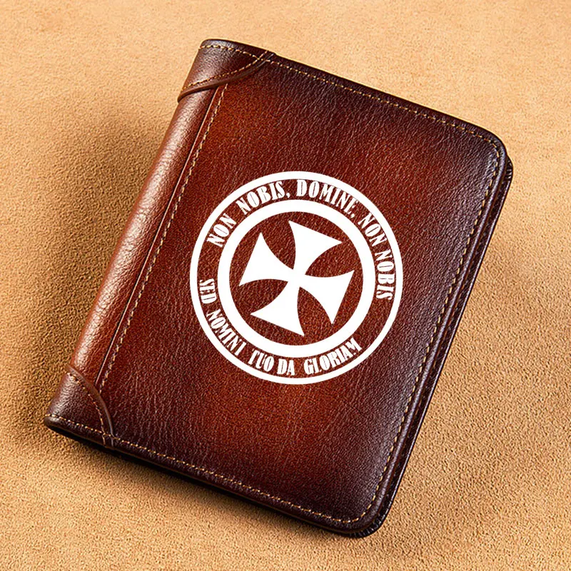 

High Quality Genuine Leather Wallet Antique Knights Templar Cross Printing Card Holder Male Short Purses BK869