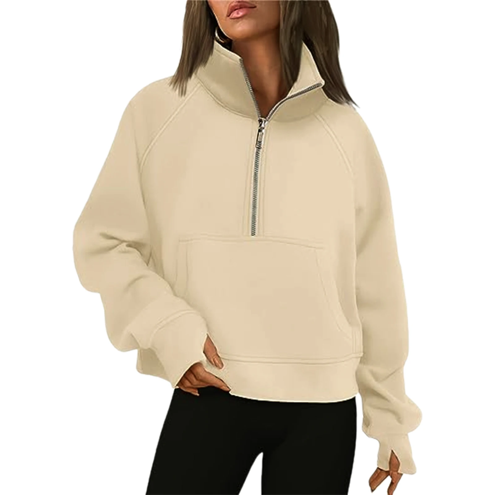 Long Sleeve Clothes Half Zip Women Casual Sweatshirts Thumb Hole Stand  Collar Fleece Hoodies Solid Color Loose Fit Daily Outfit