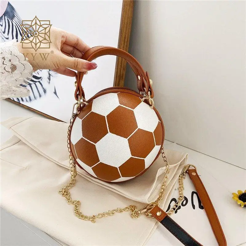 

Football Shaped Shoulder Bag Mini Zipper PU Leather Round Messenger Tote Handbag for Women Casual Top Handle Round Purse Bags