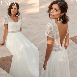 LSYX Chiffon V-Neck Boho Wedding Dress For Women 2024 Short Sleeves Floor Length Backless Bridal Gown Robe De Marie Custom Made