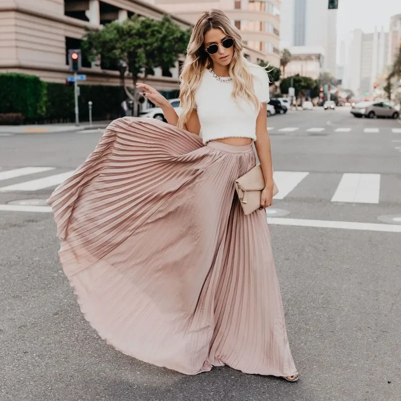 Fashion Prom Women's Skirt Korean Style Solid High Waist Loose Dresses Elegant Party Ladies Pleated Long Skirts Clothes OFE03 180cm women fashion wide waist fabric belts ladies silk scarf solid ribbon knot rope for dresses ceinture femme corset belts