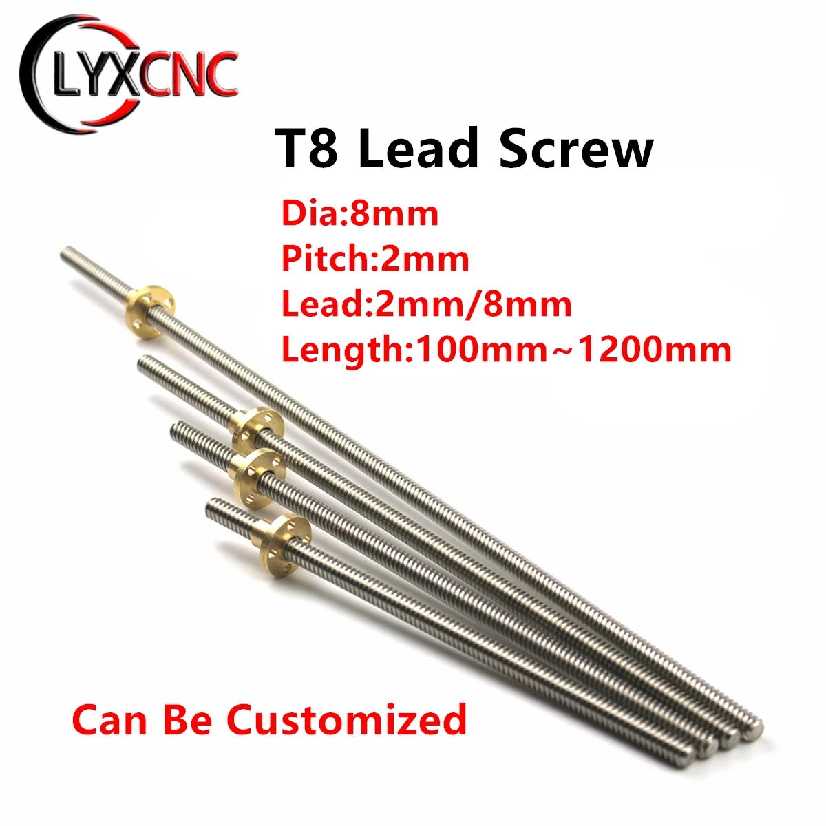 L100-1200mm 8mm/2mm T8 Lead Screw Coupler Copper Nut Pillow Bearing Block 
