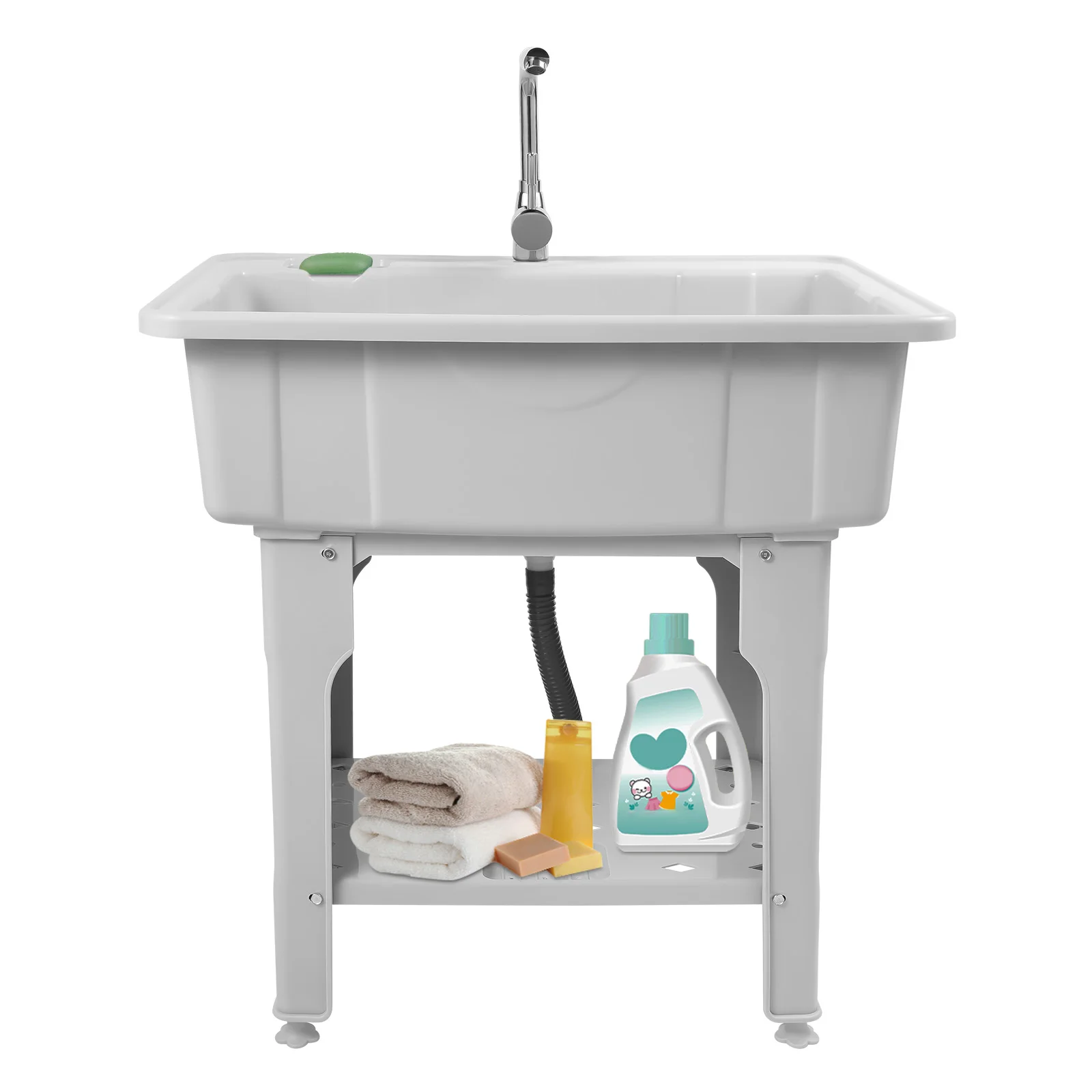 Utility Sink Laundry Tub for Laundry Room, Freestanding Plastic Laundry Sink w/Washboard, Portable Wash Bowl Basin w/Cold&Hot 6