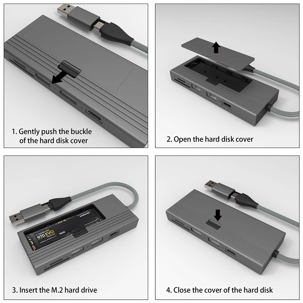 노트북용 M.2 NVMe SATA 하드 드라이브 케이스, C타입 독, 10Gbps 솔리드 스테이트 드라이브, PD100W, 2 USB 2.0 포트, SD/TF 카드 슬롯