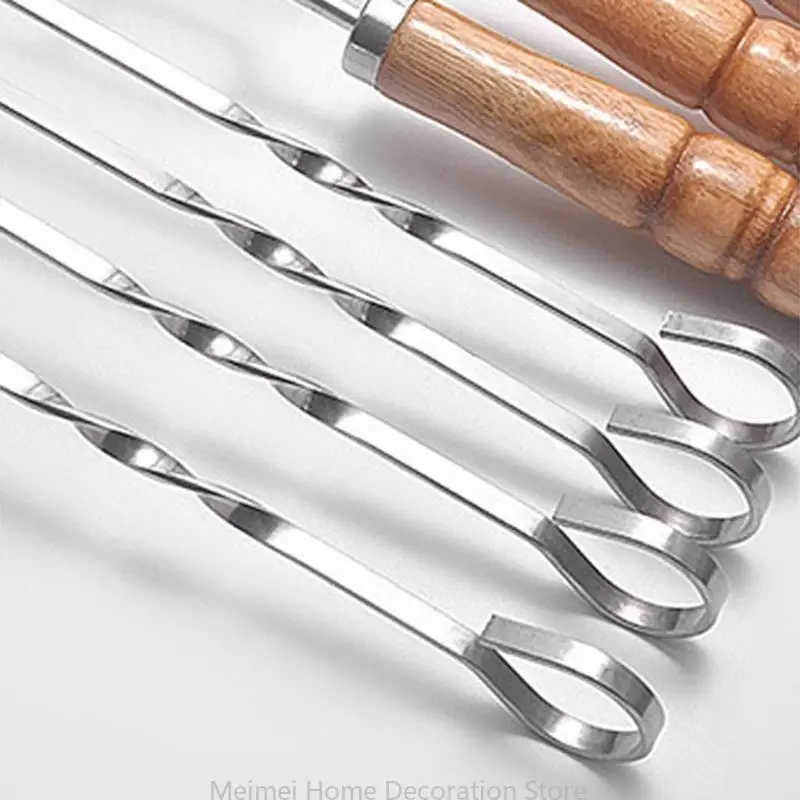 H7BF 10Pcs Stainless Steel BBQ Skewers Set Double Fork Bbq String Beech Handle Sticks Metal Toasting Forks Roasting Sticks
