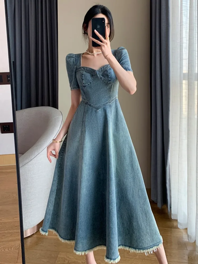 

Women Fashion Vintage Elegant Square Collar Denim Dress Summer Short Sleeves Solid Y2k Clothing Robe 2023