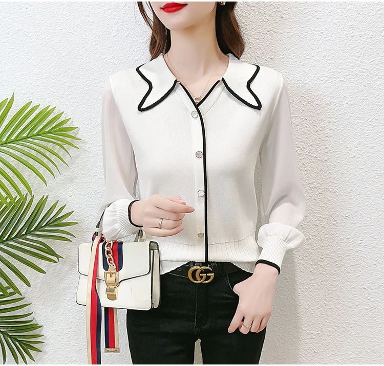 

Women's Polo Collar Spliced Spring Long Sleeve Knitted Sweater