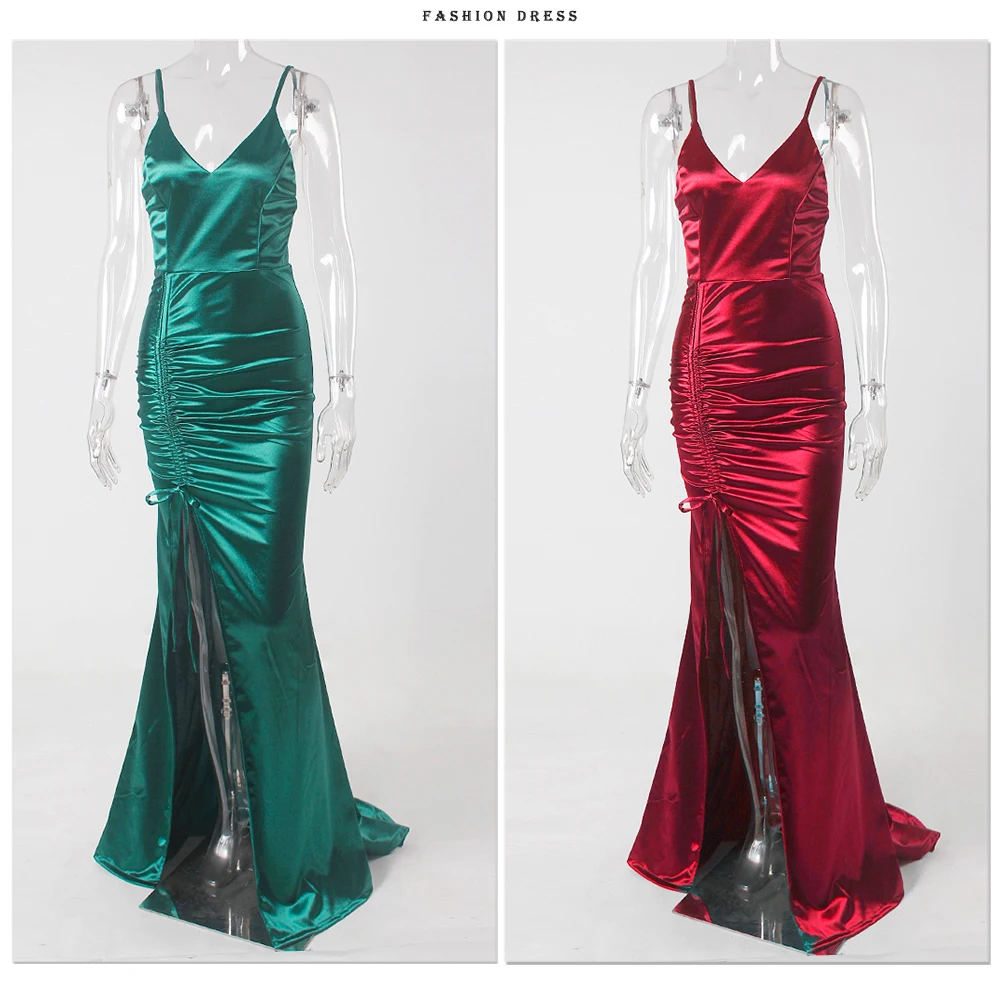 dinner dresses for ladies Sexy Emerald Green Drawstring Ruched Floor Length Evening Dress Stretch Satin V Neck Slit Mermaid Wedding Gown Bridesmaid Party dinner gown