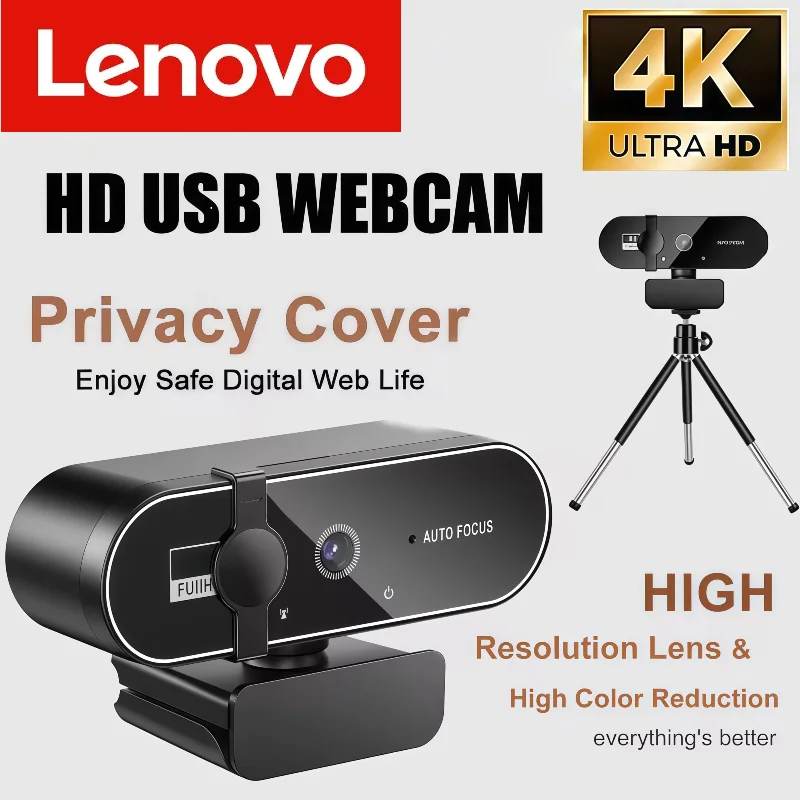 Lenovo 4K HD Mini Webcam avec Microphone 2K Full HD Webcam Autofocus USB Web Cam pour mise au point automatique PC ordinateur portable caméra de prise de vue vidéo