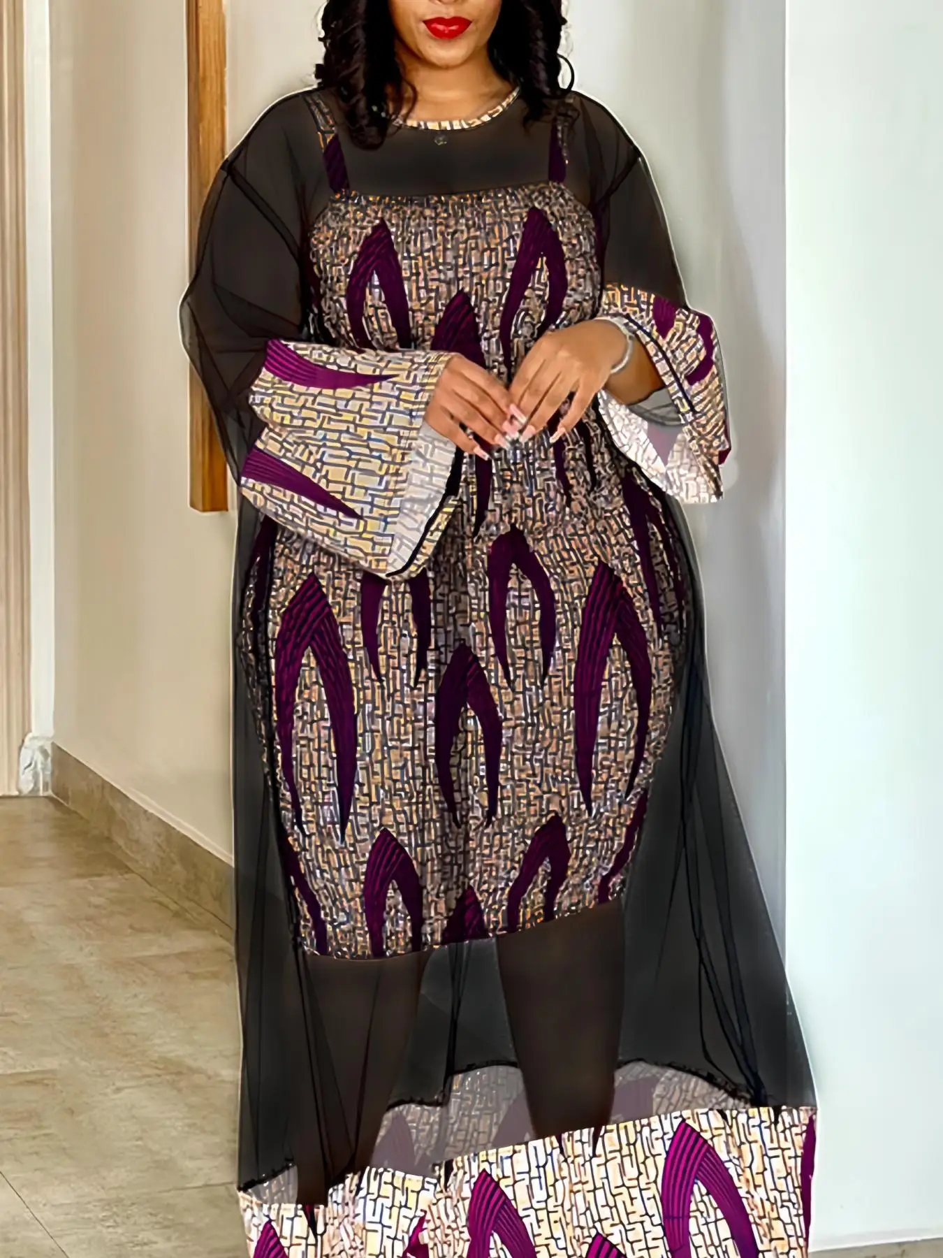 

Женский сетчатый костюм с винтажным принтом, комплект из 2 предметов, прозрачные платья на бретелях-спагетти с расклешенным рукавом, весна-лето 2024