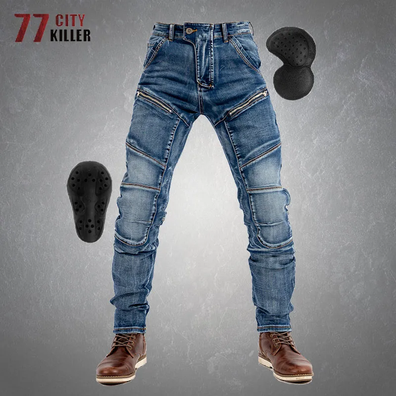 

Fashion Motorcycle Double Zipper Cycling Jeans Mens Casual Multi-pocket Elasticity Denim Pants Male Free Kneepad Armor Joggers