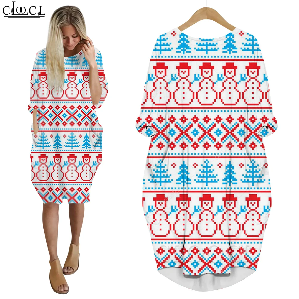 

CLOOCL Christmas Dresses Robe Femme Loose Fit Dress Snowman Snowflake Checkered Lines 3D Printing Dresses Party Clothing