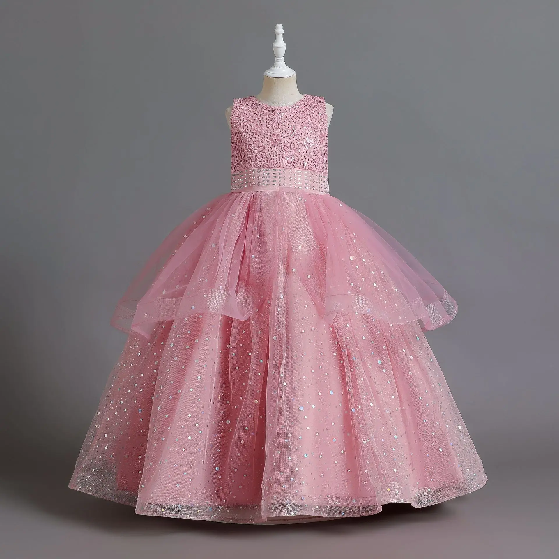 

New Children's Clothing Children's Dress Layered Wedding Dress Princess Dress Female Flower Girl Hollow out Piano Performance Dr