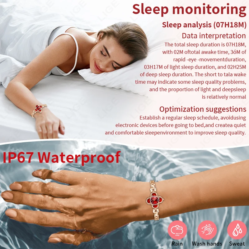 LIGE Women Smart Bracelet Quartz Wristwatch AI Healthy Analysis Call Reminder Pedometer Sport Fitness Tracker Lady Diamond Watch