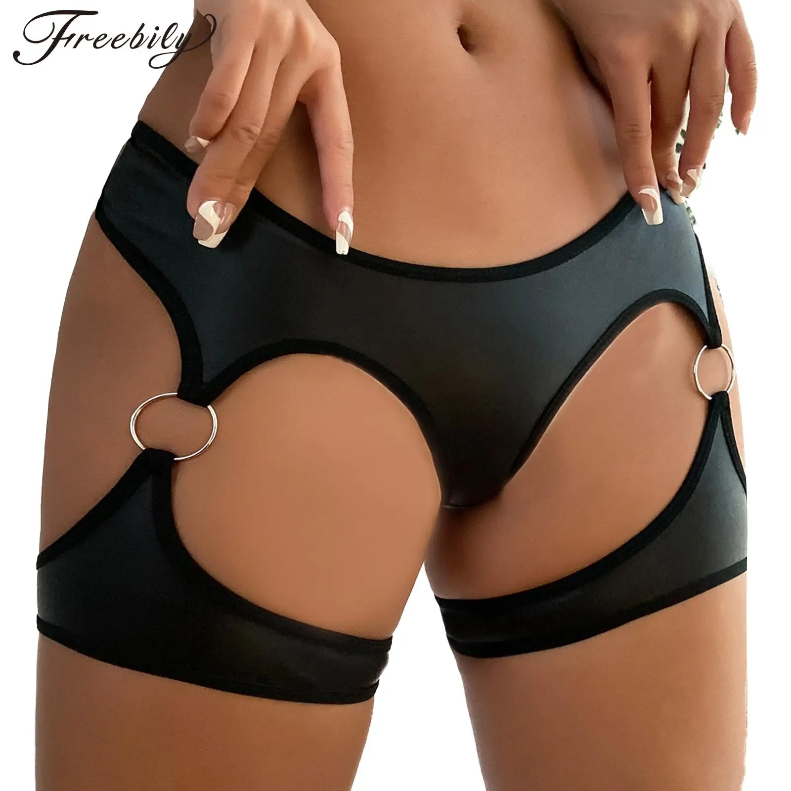 

Womens Hollow Out Booty Shorts Clubwear Legs O Ring Underwear Wet Look Hot Pants Club Rave Party Pole Dance Performance Costume