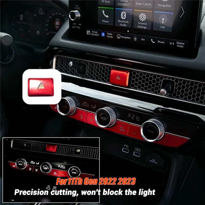 Car Warning Emergency Light Switch Button Cover Sticker Trim for Honda Civic 11Th Gen Aluminum Alloy Red