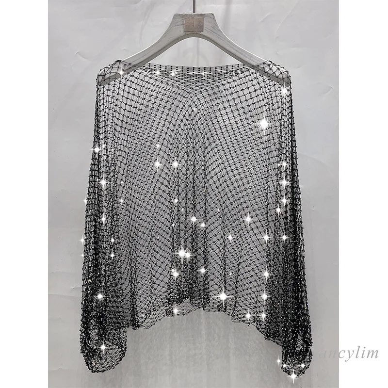 

Fashion Exquisite Rhinestone T-Shirts Women Sexy Hollow Out See-through Fishnet T-Shirt Off Nightclub Performance Top Femme 2022