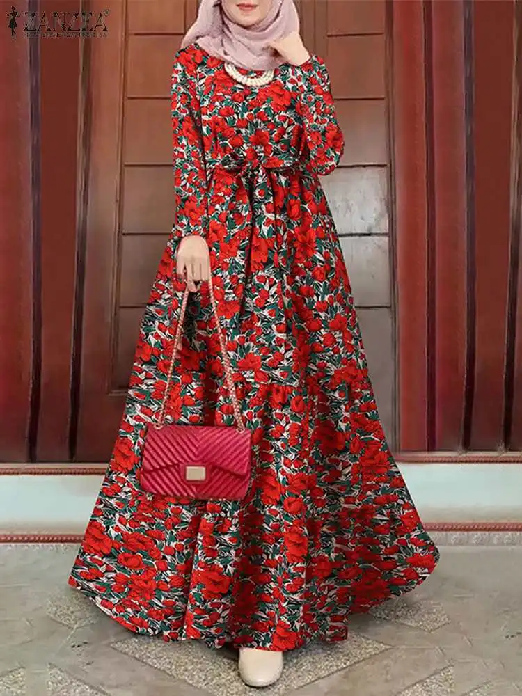 ZANZEA Full Sleeve O-Neck Floral Print Islamic Clothing Ramadan Muslim Women Dress Bohemian Elegant Casual Abaya Kaftan Robe