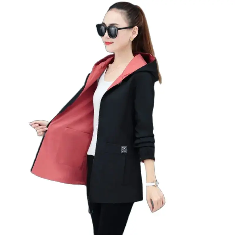 

Spring Autumn Two-Sided Windbreaker Women 2023New Fashion Hooded Trench Coat Pure Colour Printing Outwear Mid-Long Jacket Female