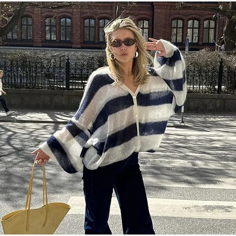 Loose Mohair Striped V-neck Cardigan Women With Scarf Fashion Lantern Sleeve Single Breasted Knitwear Casual Lady New Streetwear