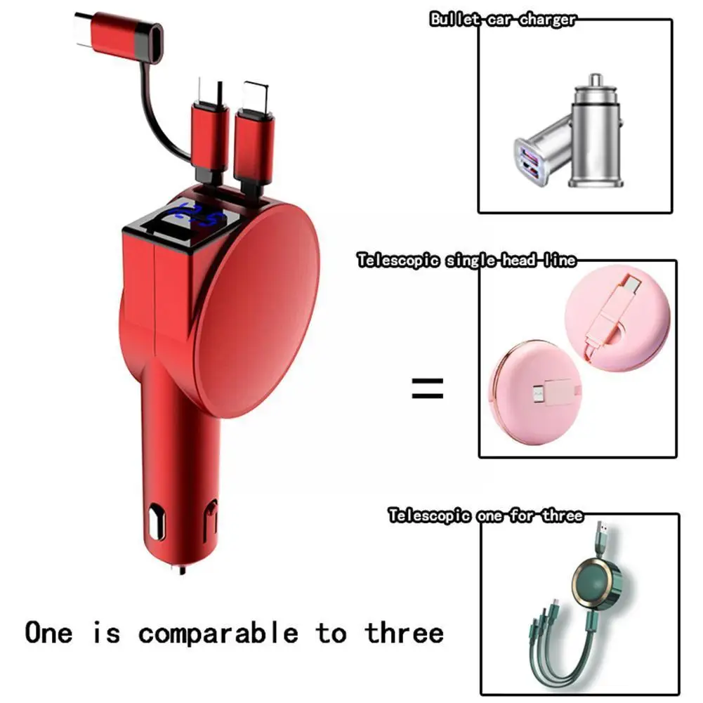 

Выдвижное автомобильное зарядное устройство 3 в 1, 60 Вт, автомобильный адаптер, Сверхбыстрая зарядка, многофункциональный зарядный кабель для вспышки