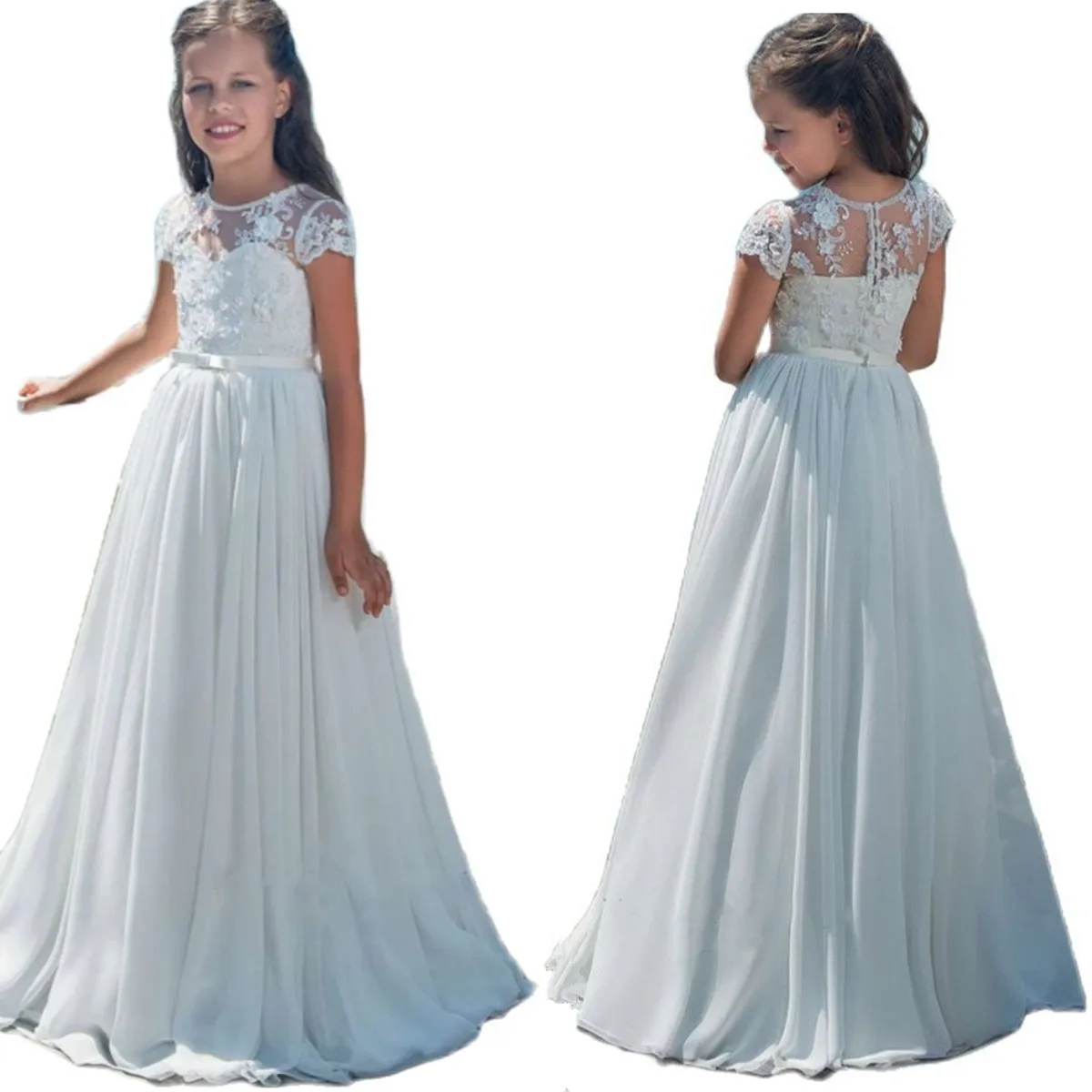 

Chiffon Lace Flower Girl Dresses With Bow Beaded Crystal Up Applique Ball Gown First Communion Dress For Girls CustomizedsA