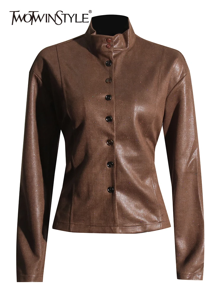 TWOTWINSTYLE Solid Patchwork Lace Up Leather Coat Stand Collar Long Sleeve Spliced Single Breasted Vintage Coats Female Style