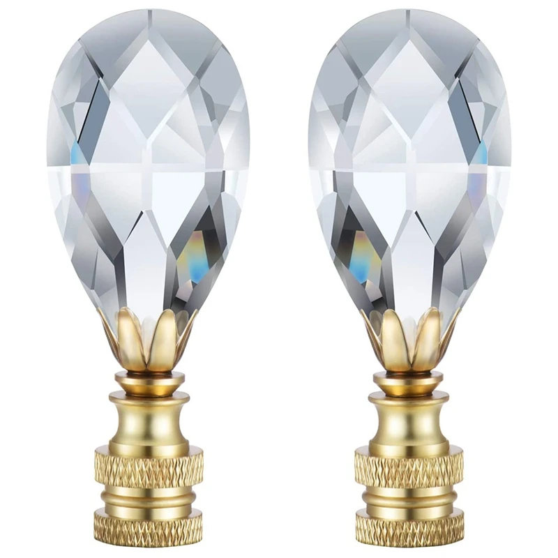 2 Packs Teardrop Clear Crystal Lamp Finial Lamp Decoration For Lamp Shade With Polished Brass Base, Clear, 2-3/4 Inches