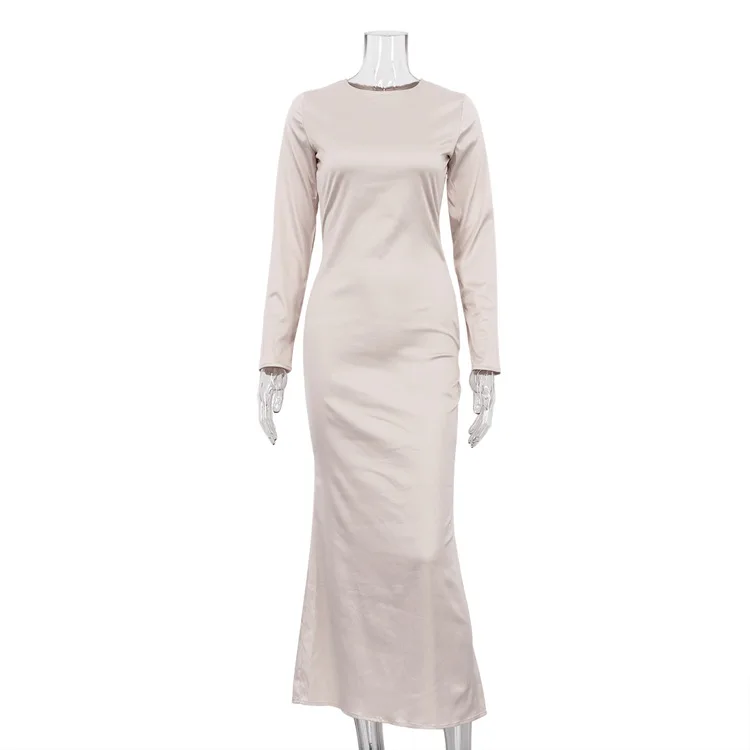 Hollow Out Satin Fashion Maxi Dress Female High Waist Slim Scoop Neck Long Sleeve Dress Solid Zipper Party Dress Summer