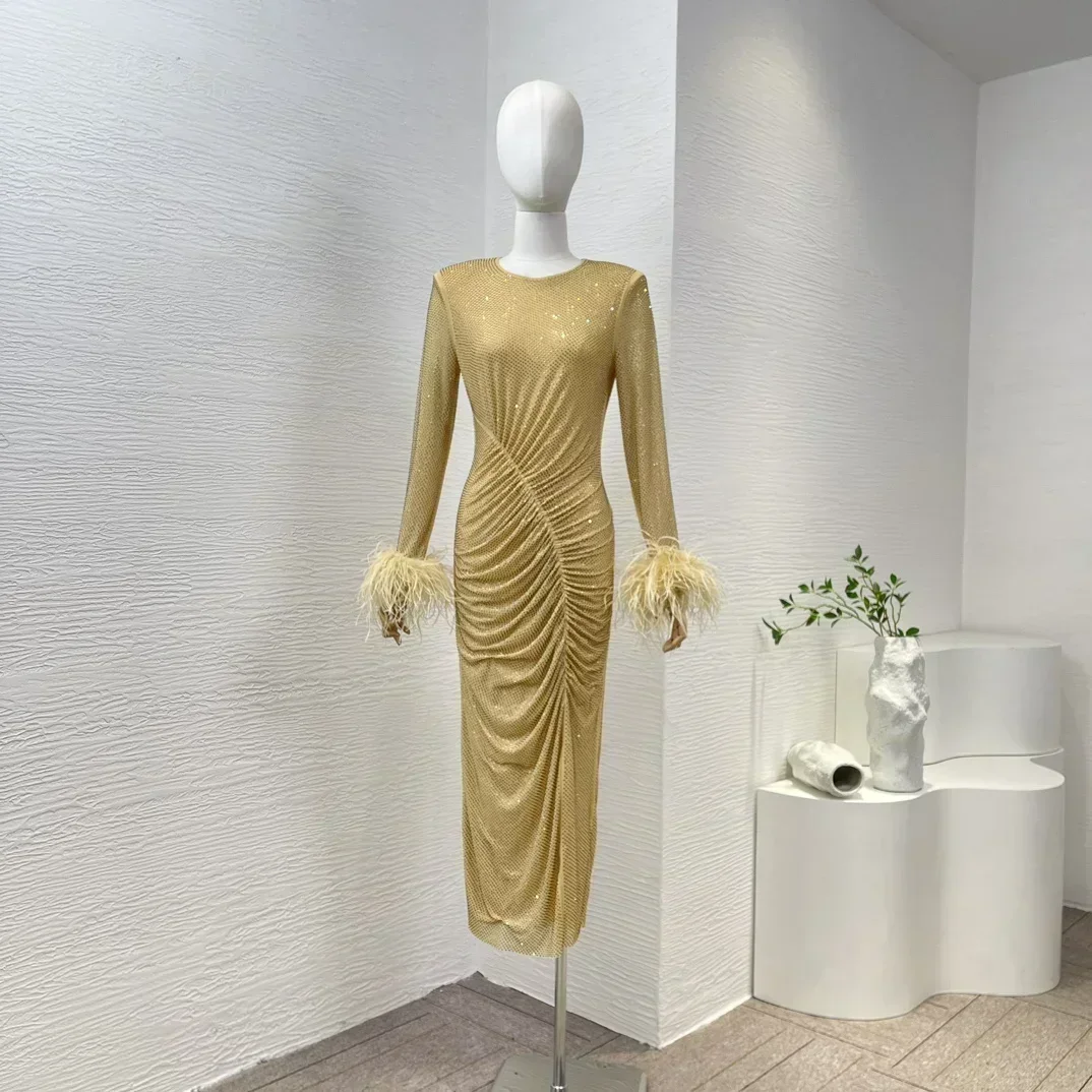 

Shirring Luxury Top Quality Women Clothing 2024 Spring Summer Golden Diamonds Wrinkled Bodycon Midi Dresses