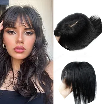 Topper per capelli veri con frangia, base in pizzo svizzero migliorata, per donne con capelli diradati, copre le radici grigie, aggiunge volume
