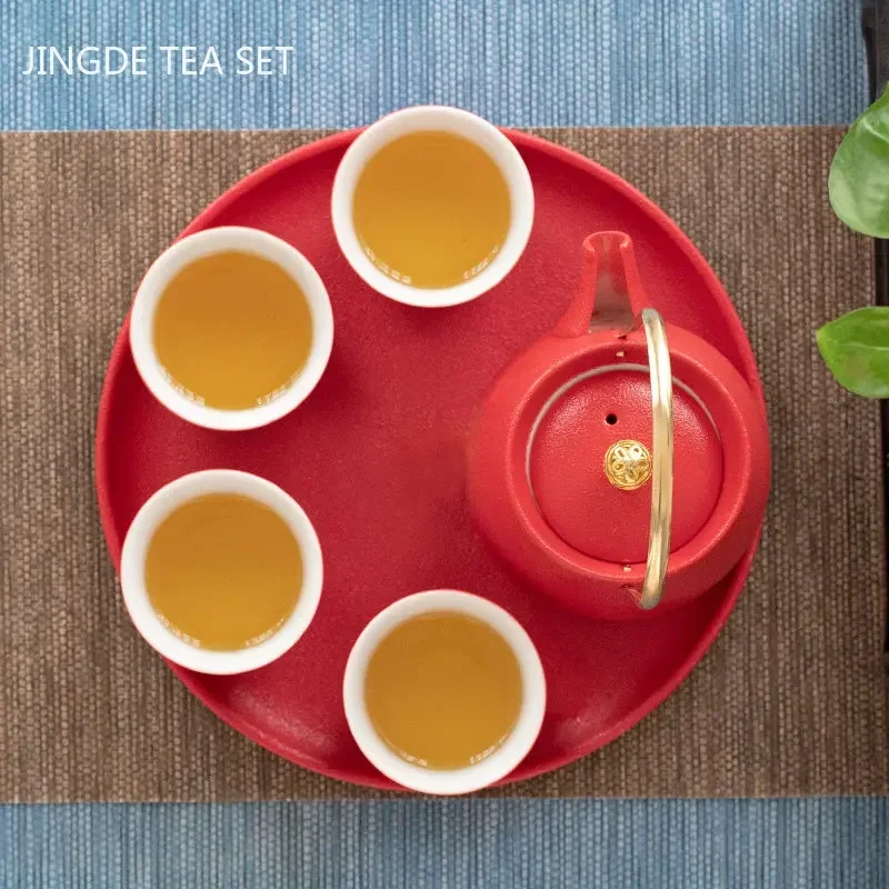 Tea Set Household Red Ceramics Tea Pot Set Boutique Tea Pot and Cup Set Sets Gifts Handmade Teaware Accessories