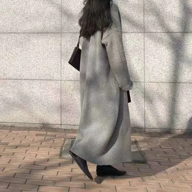 Autumn and Winter New Women's Medium and Long Loose Sweater Casual Solid Color Knitted Long-sleeved Cardigan Women's Sweater