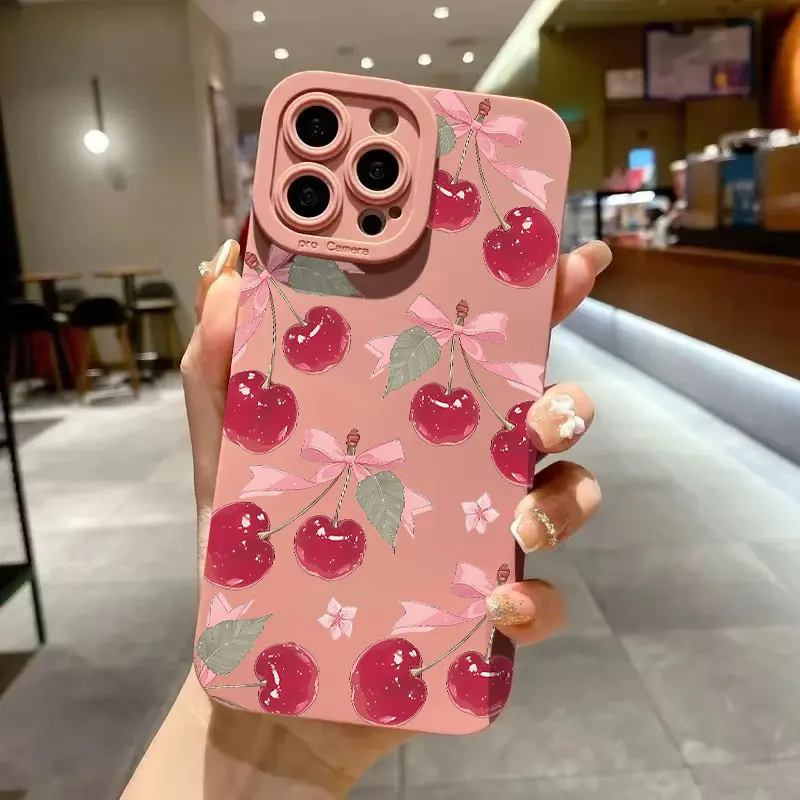Cute Deep Red Cherry Pattern Shockproof Matte Phone Case