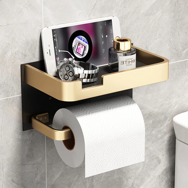 Bathroom Paper Holder Storage Stand Gold Brushed Aluminum Toilet Shelf