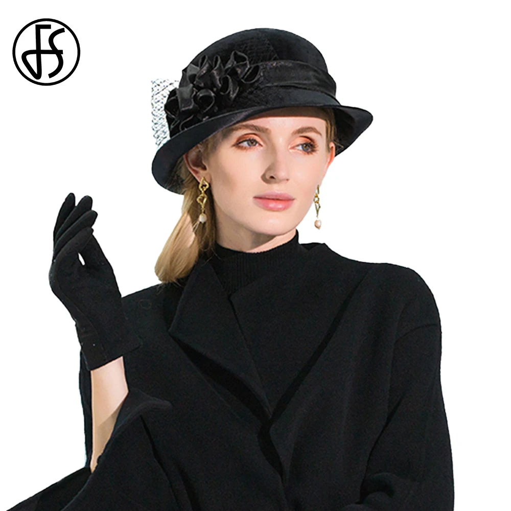 

FS Black Fedoras Basin Hats For Women With Veil Flowers Ribbon 2024 Autumn Winter Elegant Church Millinery Curl Brim Bowler Cap