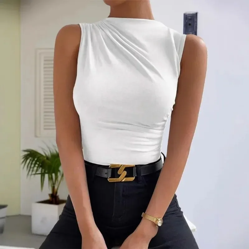 Women's Casual Pleated Design Top Fashion Street Style Solid Color Slim Half High Neck Sleeveless T-Shirt Top