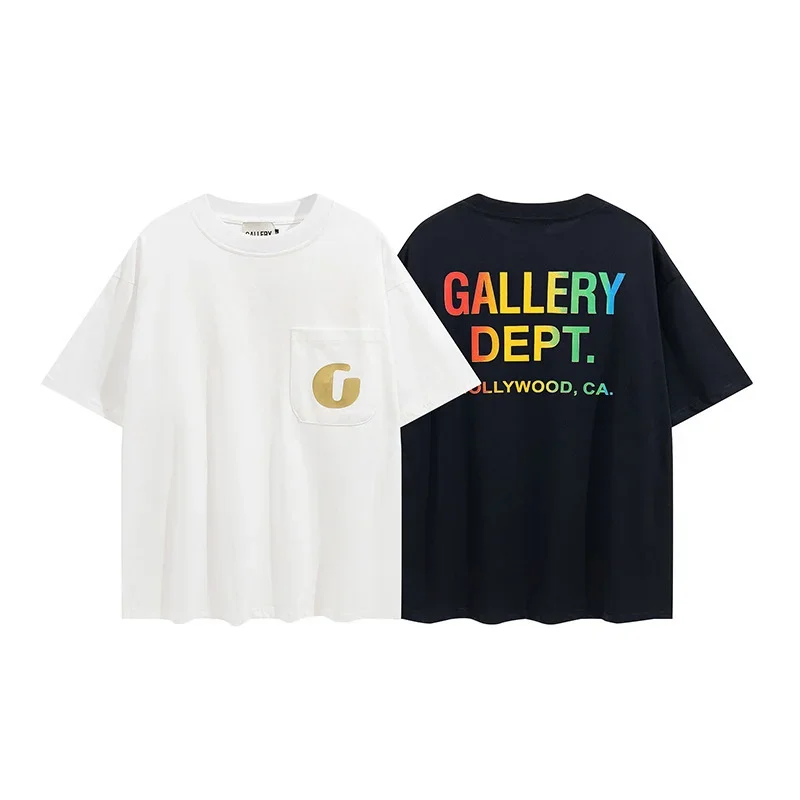 

2022 spring and summer new gallery dept gradient letter print chest pocket hip hop men's and women's short sleeves