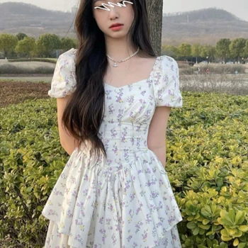 여성용 하이웨이스트 플로럴 원피스, 스퀘어 칼라, 퍼프 소매, 공주 소녀, 부드럽고 우아한 한국 스타일, 프레피 시크, 여름
