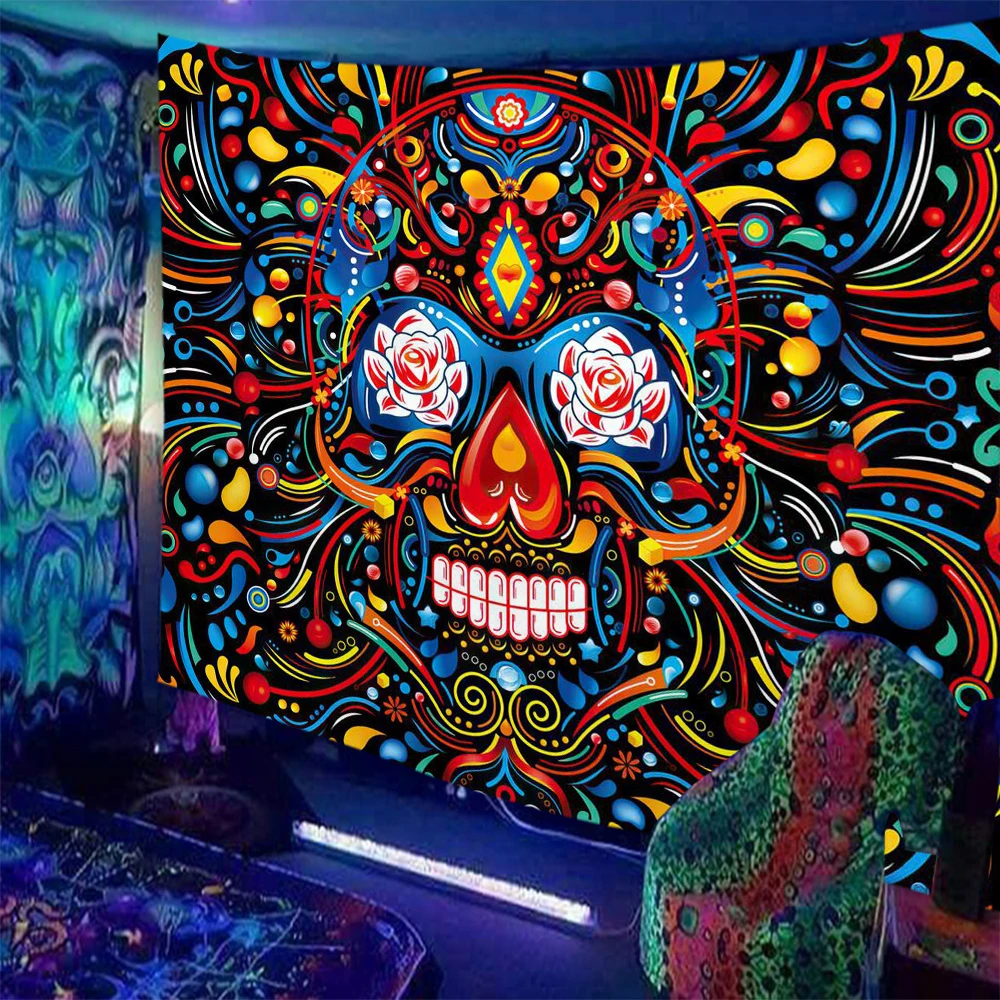 Arazzo Da Parete Con Teschio Trippy UV Reattivo - 130x150 Cm, Poliestere, Per Camera E Soggiorno - Foto 3