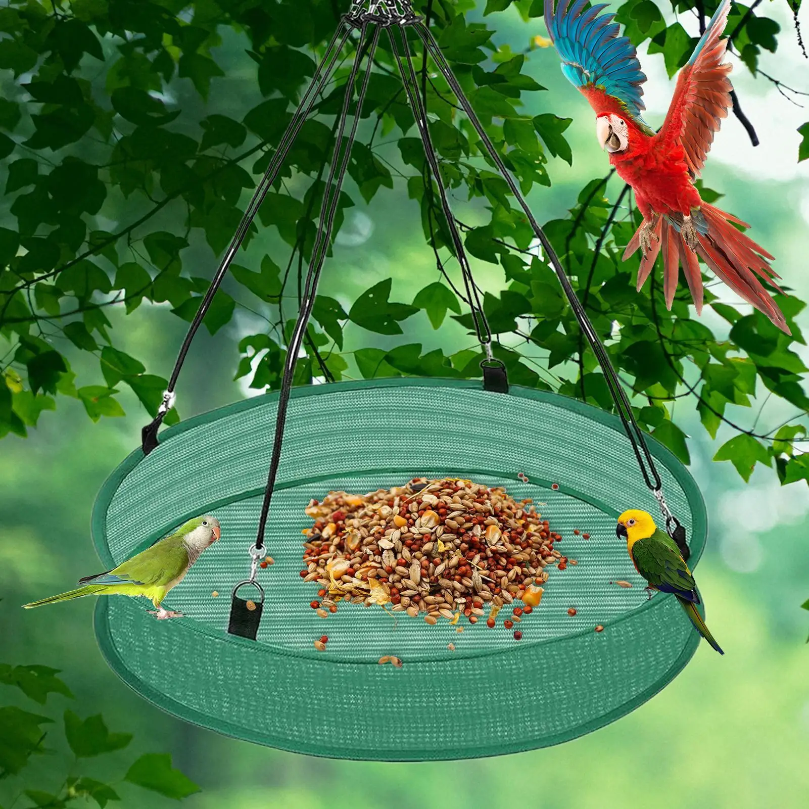 Bird Feeding Net Hanging Bird Feeder Outdoor Finch Bird Food Catcher Tray Spill Proof Parrot Food Container For Backyard Garden