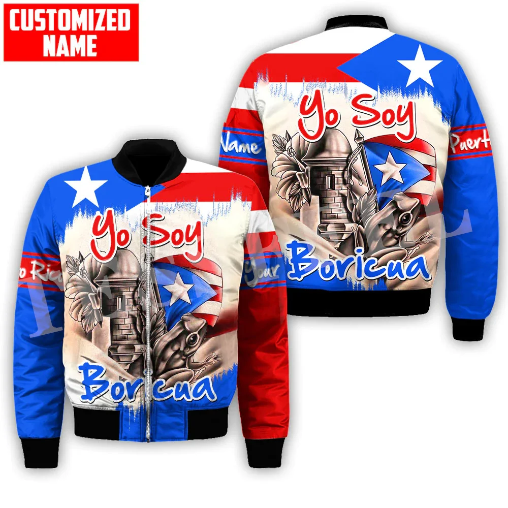 Custom Name Puerto Rico Boricua Country Tattoo Retro Vintage 3DPrint Casual Funny Sportswear Windbreaker Winter Bomber Jacket A1 4