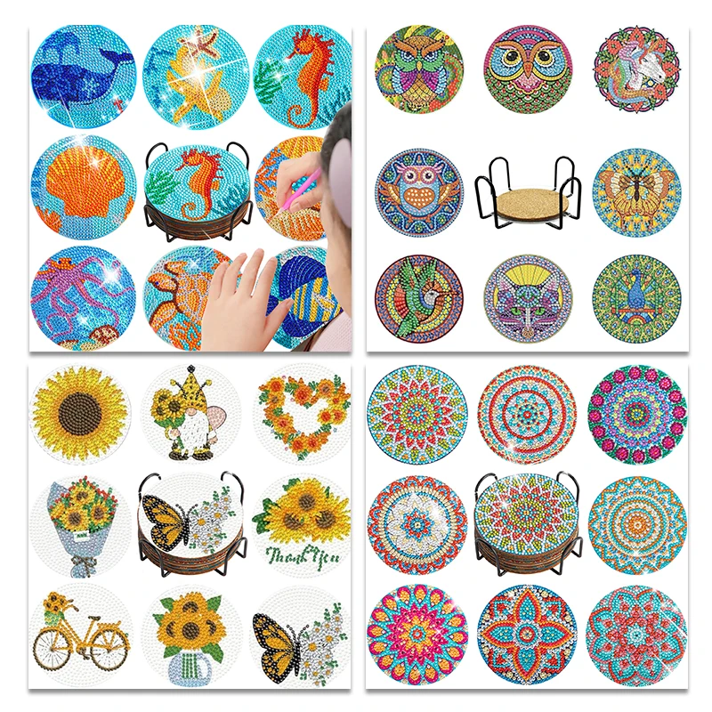 

GATYZTORY 8pcs DIY Diamond Painting Coasters Kits with Holder for Adult Beginners Coasters Diamond Mosaic Decoration